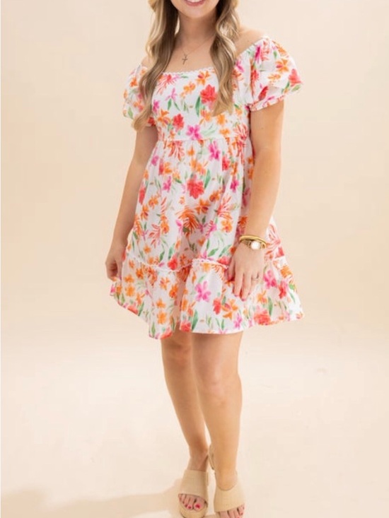 Umgee Dresses & Skirts - Umgee Floral Off-Shoulder Dress with Pink & Orange Blooms Sz S